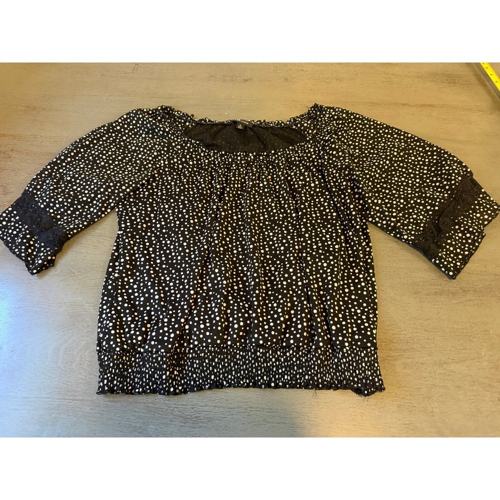 AB Studio Womens XL Black White Polka Dot Smocked Hem Lace Sleeve Blouse Top